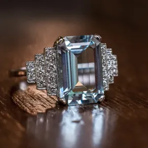 Art Deco 3.20ct Aquamarine Stepped Shoulder Solitaire Ring