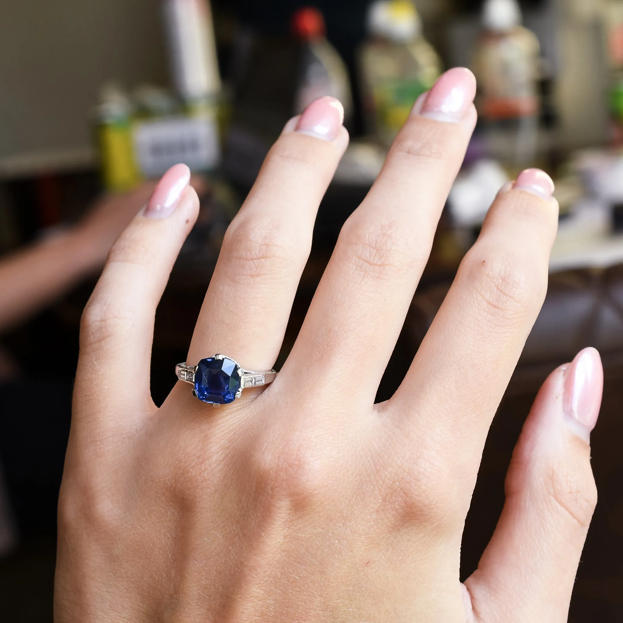 Art Deco 3.66ct Sapphire & Diamond Engagement Ring