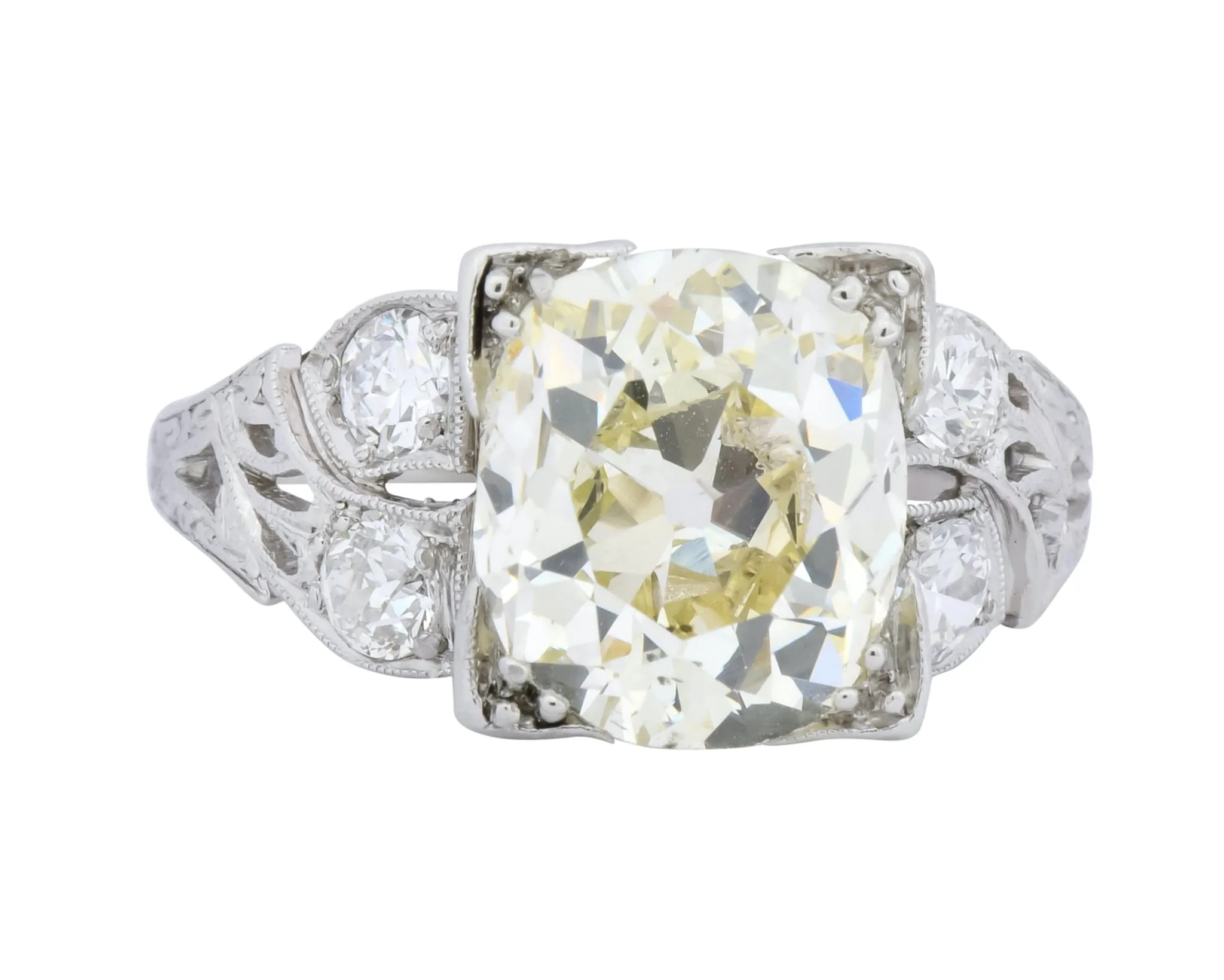 Art Deco 3.80 CTW Old Mine Diamond Platinum Engagement Ring
