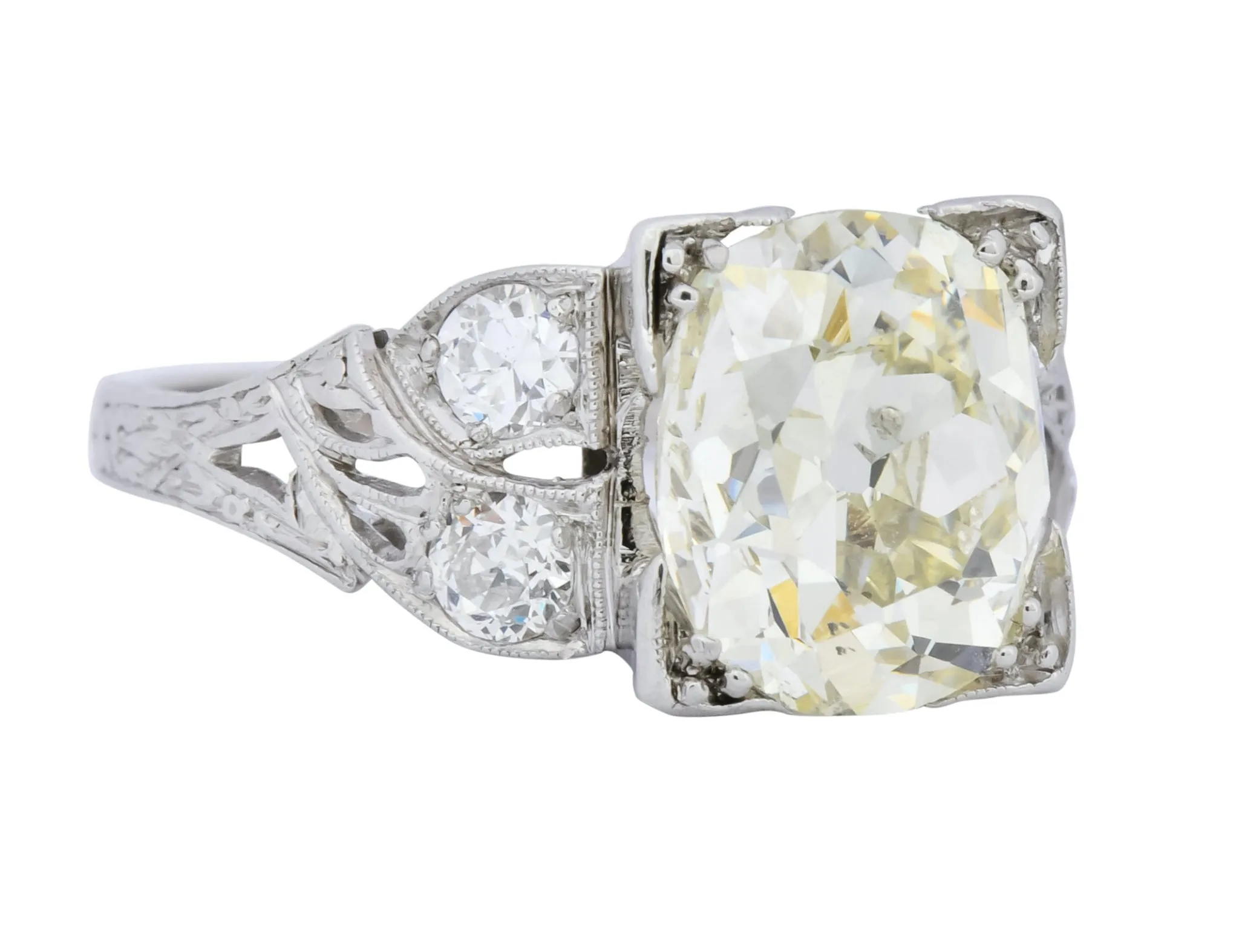 Art Deco 3.80 CTW Old Mine Diamond Platinum Engagement Ring
