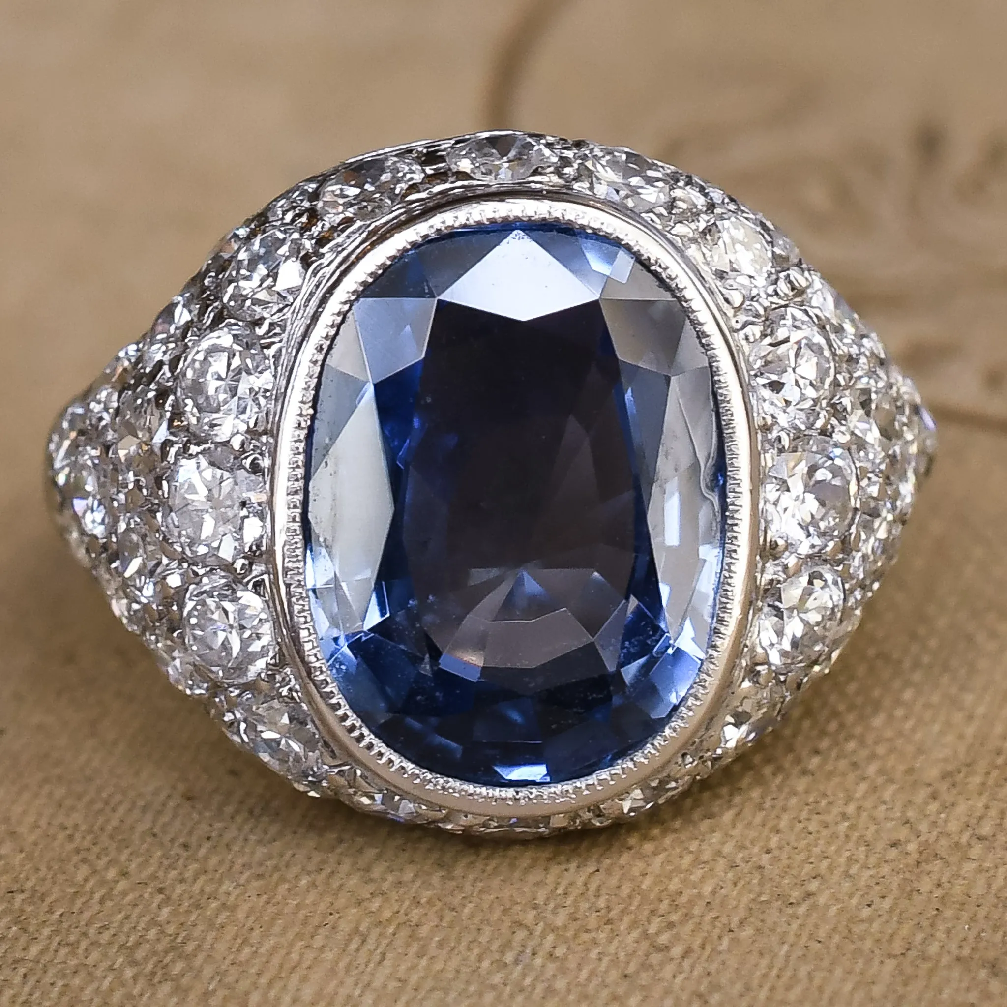 Art Deco 7.57ct No-heat Burma Sapphire Cocktail Ring