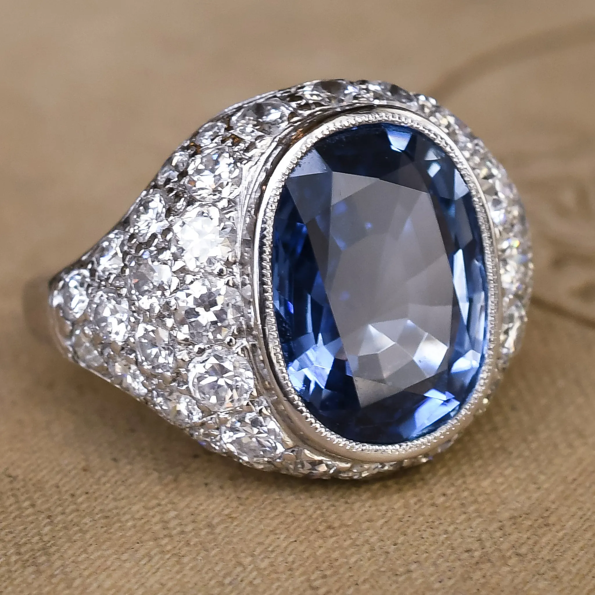 Art Deco 7.57ct No-heat Burma Sapphire Cocktail Ring