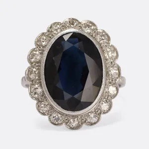 Art Deco 8.90ct Sapphire & Diamond Flower Cluster Ring