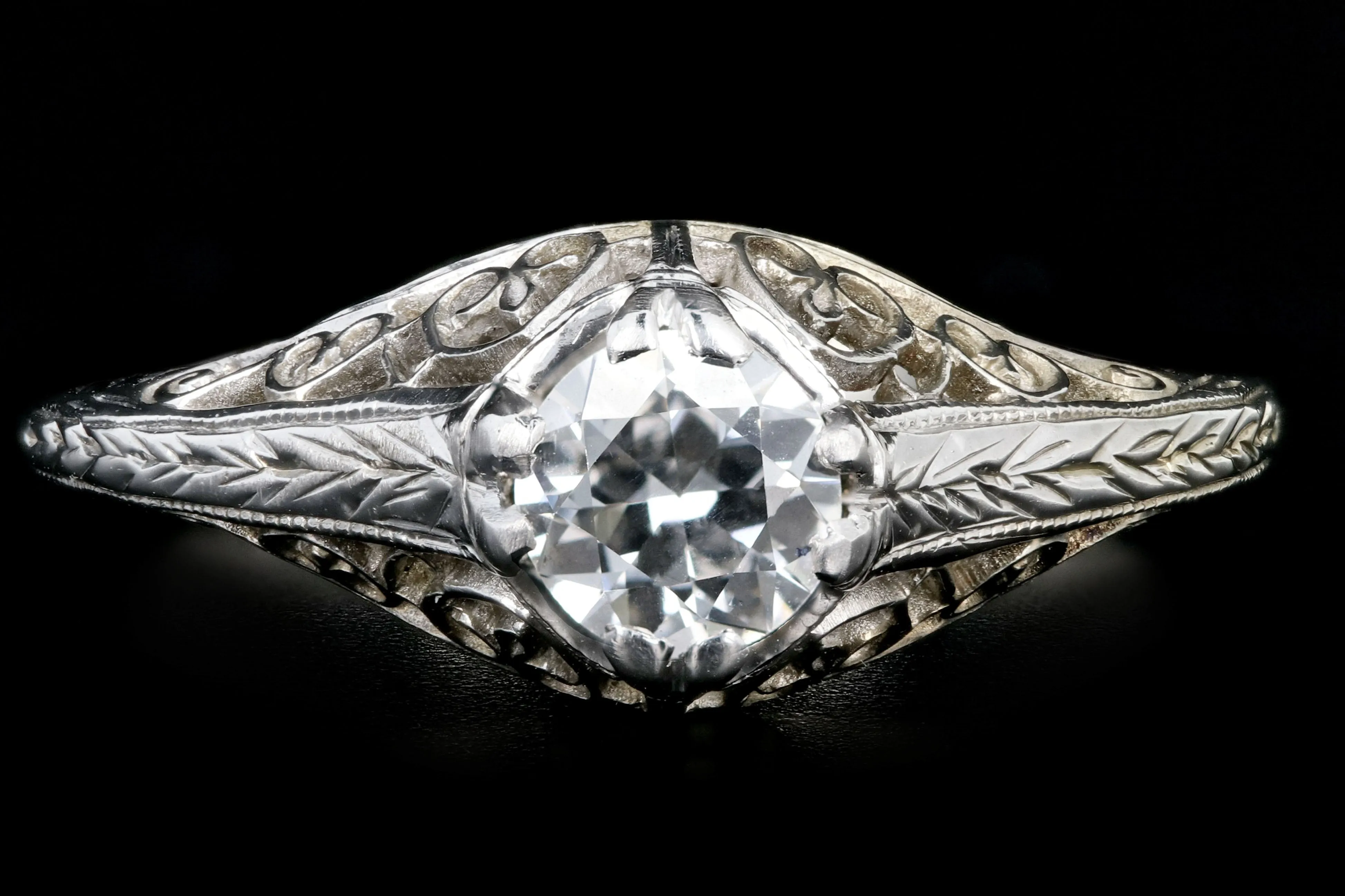 Art Deco Belias 18K White Gold Diamond Filigree Engagement Ring