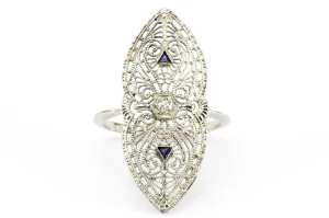 Art Deco Brooch Conversion 14K White Gold Filigree and Sapphire Ring Size 6.5