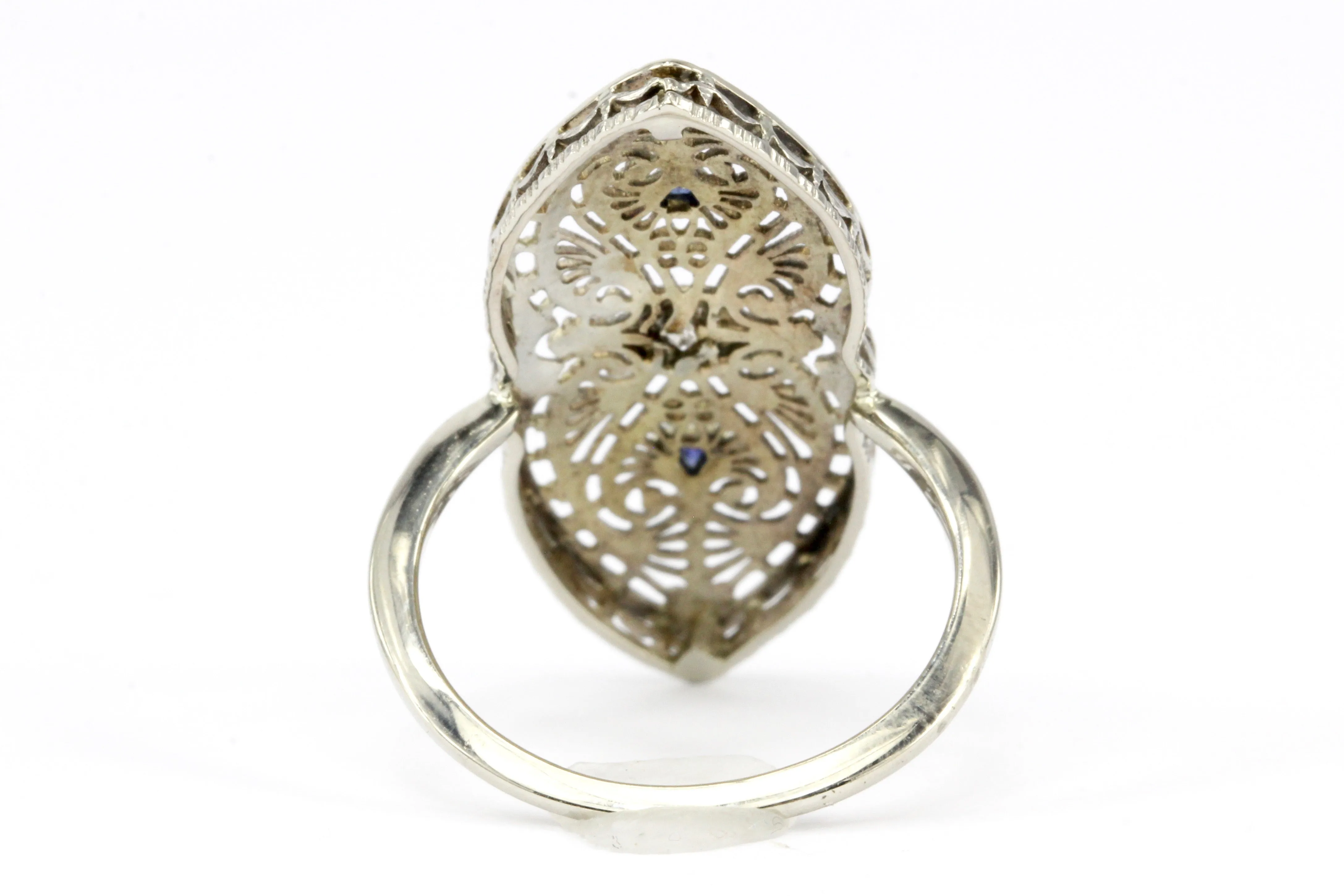 Art Deco Brooch Conversion 14K White Gold Filigree and Sapphire Ring Size 6.5