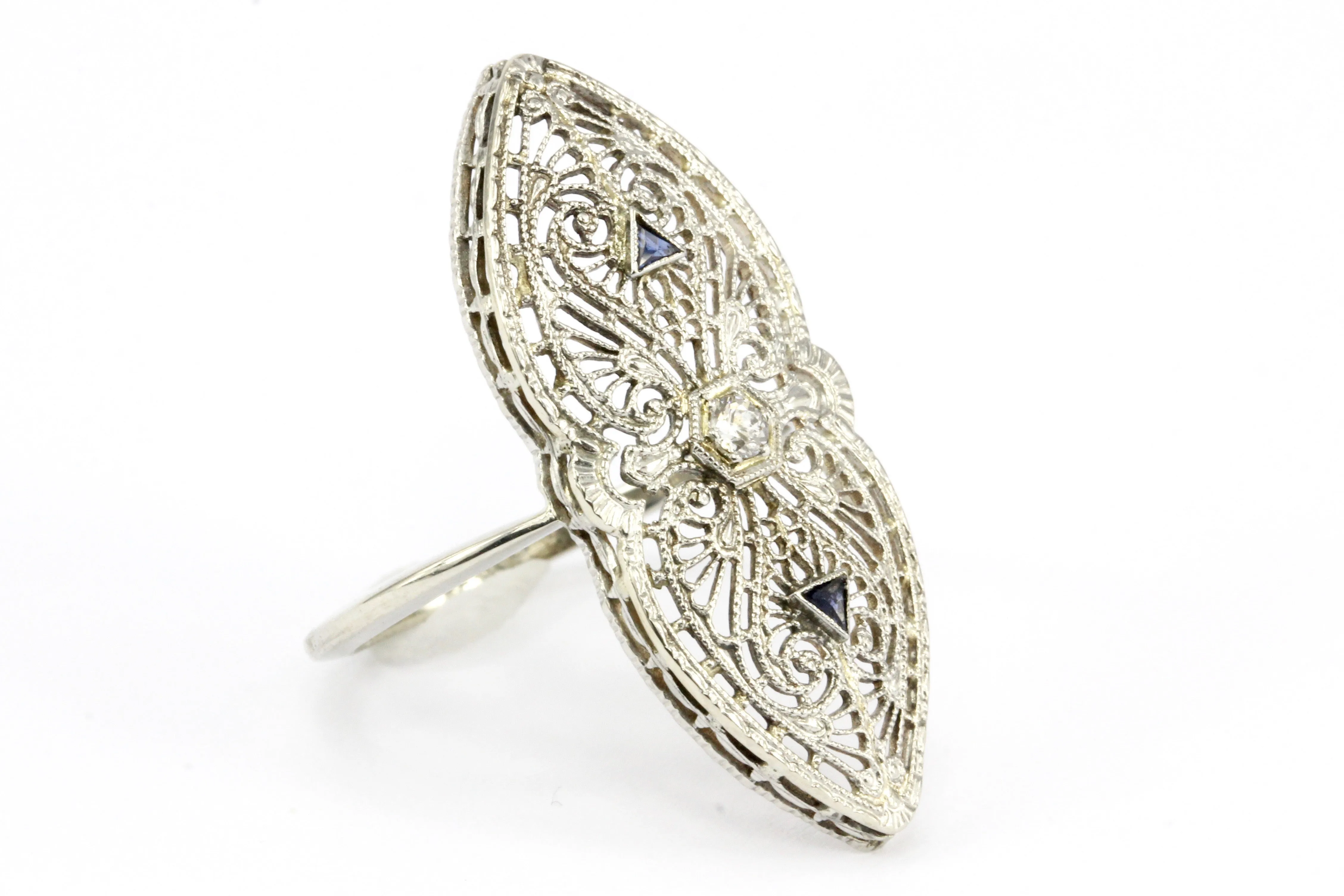 Art Deco Brooch Conversion 14K White Gold Filigree and Sapphire Ring Size 6.5