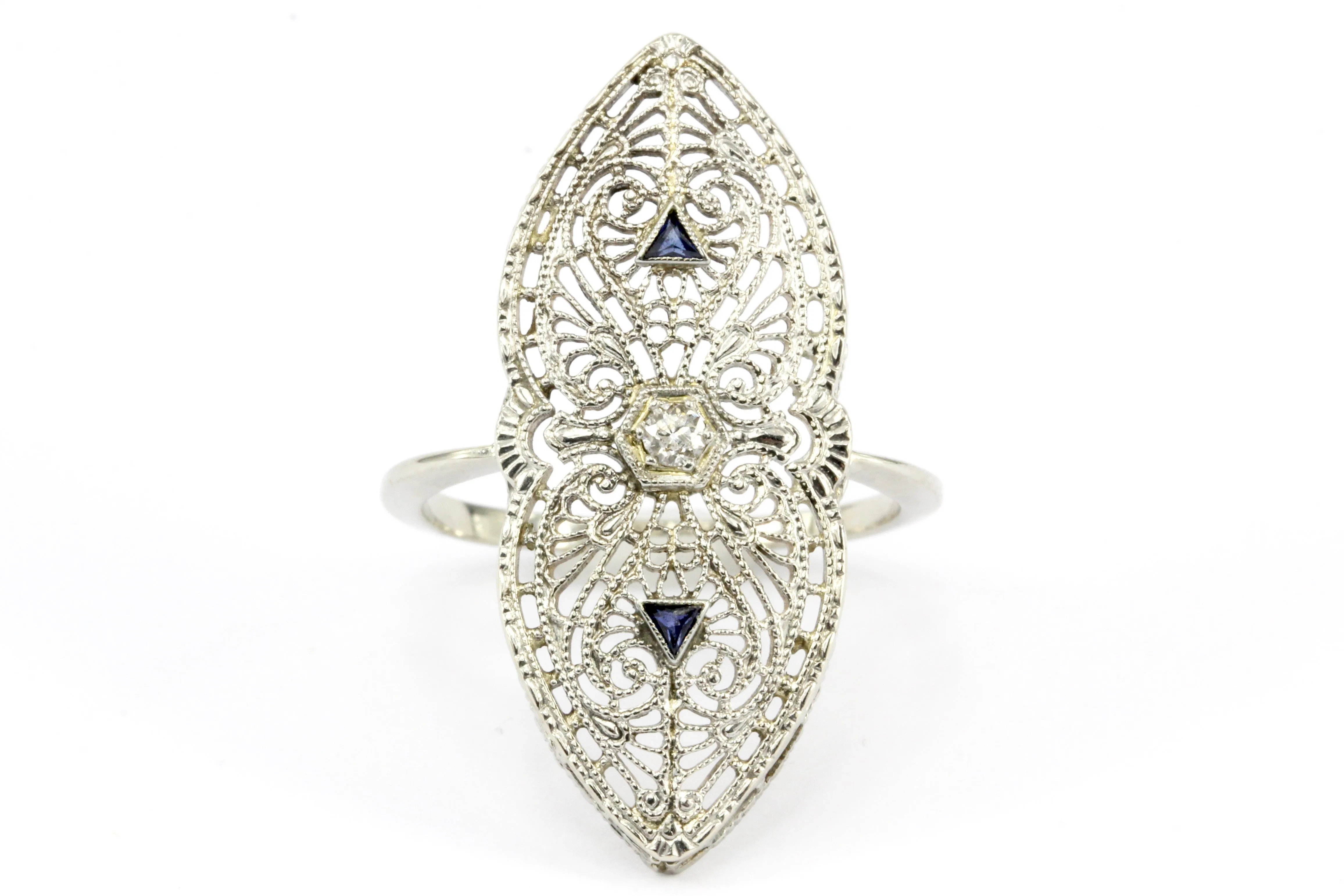 Art Deco Brooch Conversion 14K White Gold Filigree and Sapphire Ring Size 6.5