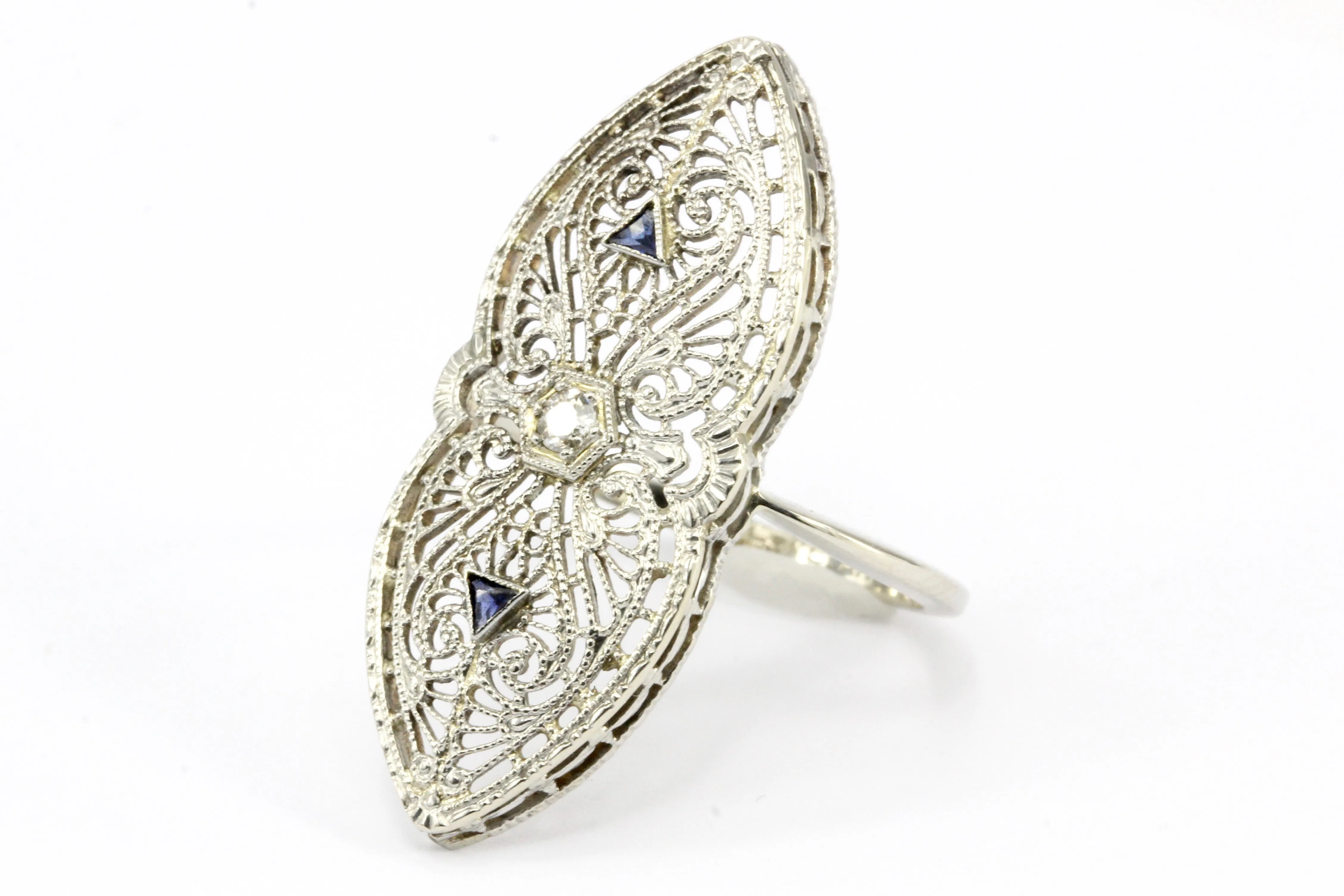 Art Deco Brooch Conversion 14K White Gold Filigree and Sapphire Ring Size 6.5