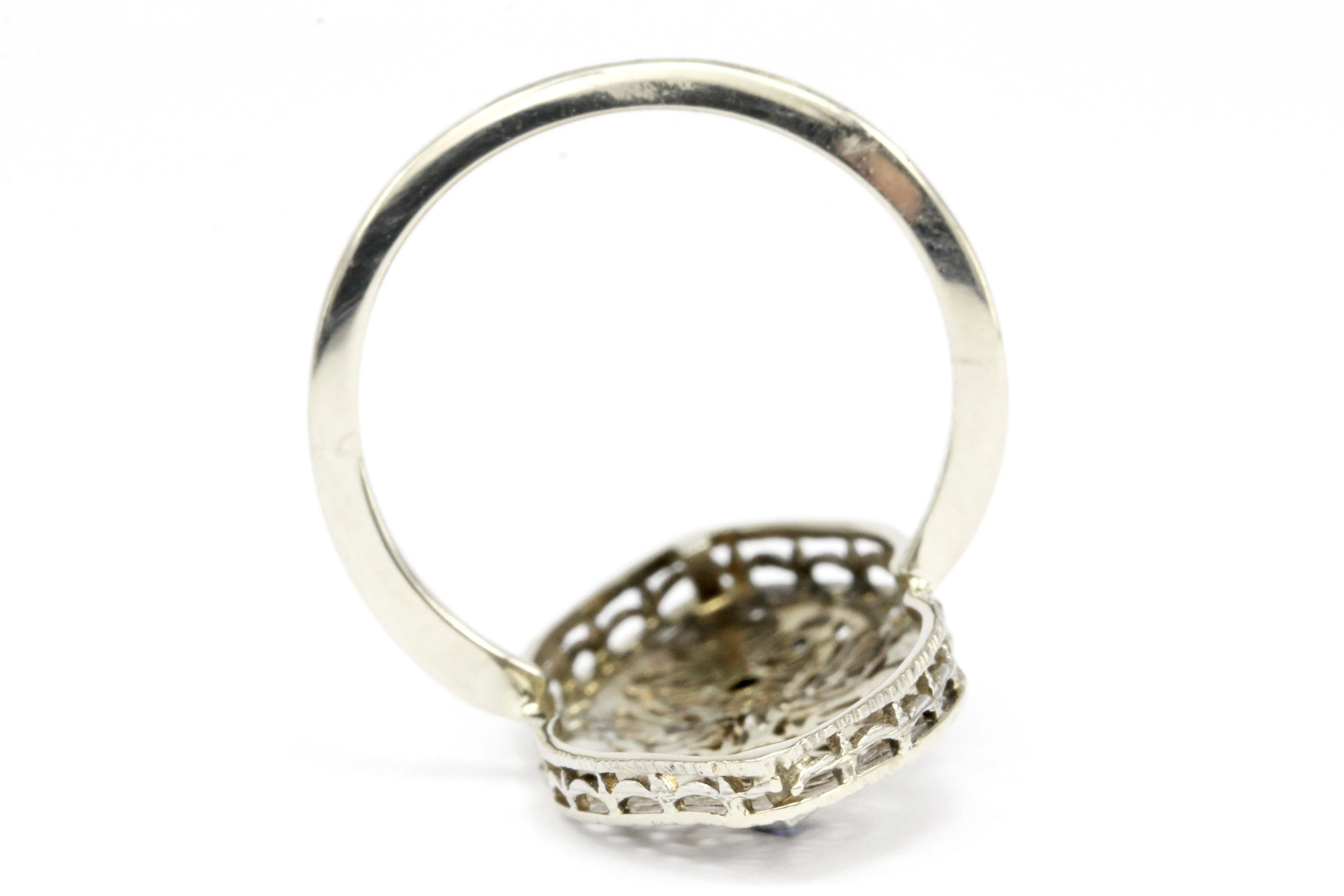 Art Deco Brooch Conversion 14K White Gold Filigree and Sapphire Ring Size 6.5