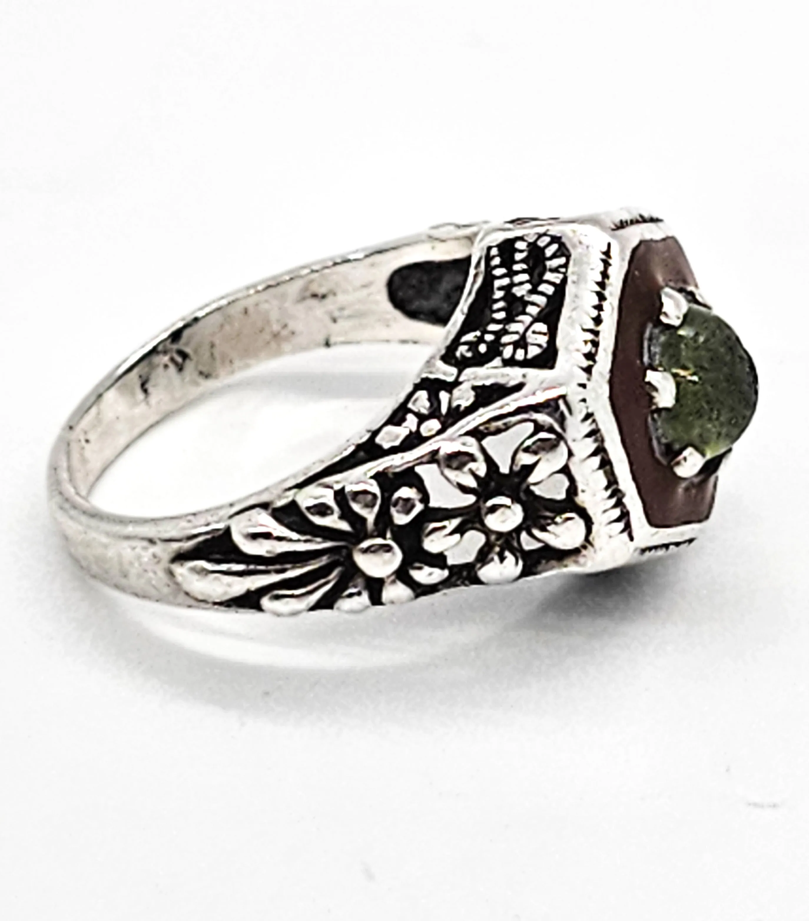 Art Deco carnelian inlay green gemstone sterling silver antique ring size 7