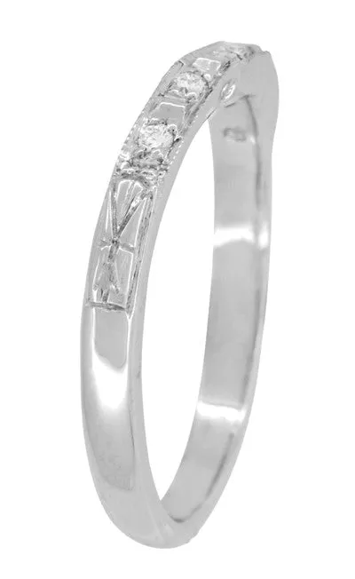 Art Deco Carved Contoured Diamond Wedding Ring in White Gold