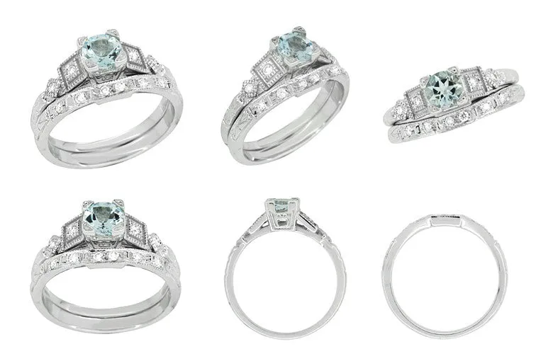 Art Deco Carved Contoured Diamond Wedding Ring in White Gold