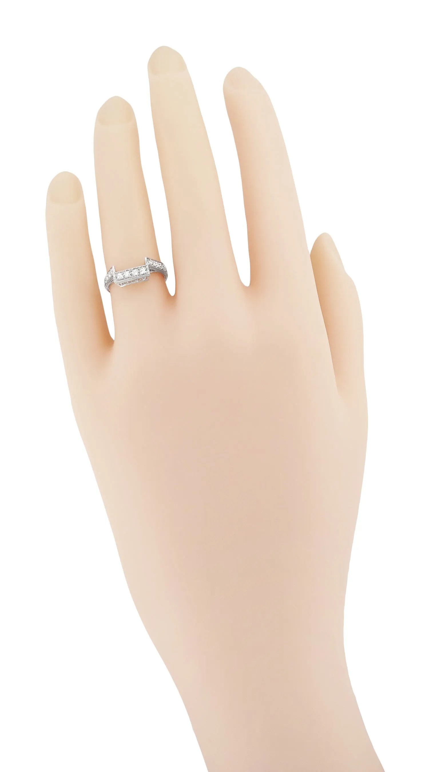 Art Deco Castle Filigree Diamond Companion Wedding Ring in Platinum