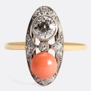 Art Deco Coral & Diamond Cluster Ring