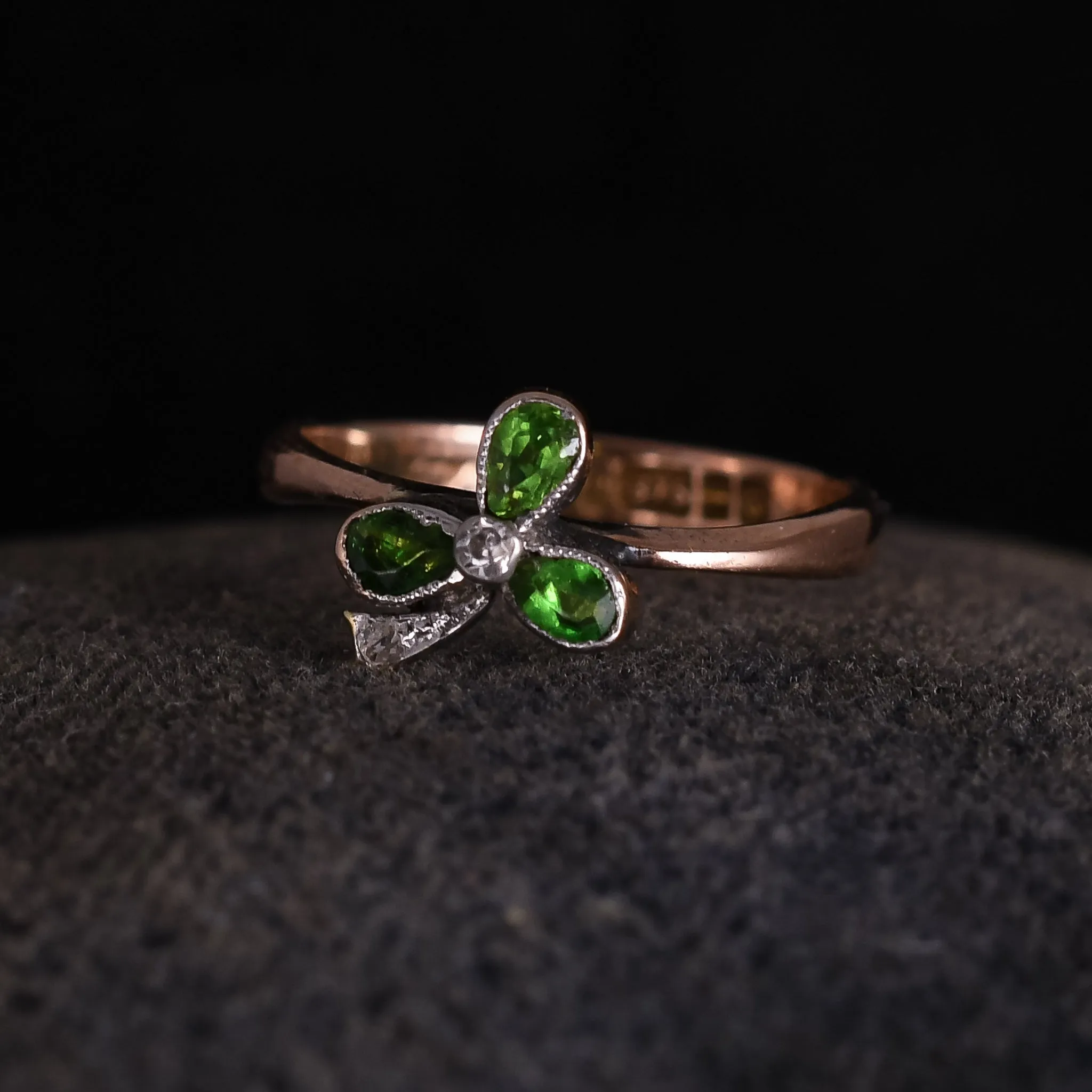 Art Deco Demantoid Garnet & Diamond Clover Ring