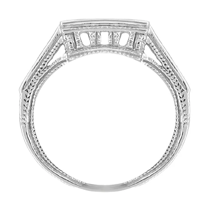 Art Deco Diamond Filigree Royal Castle Wedding Ring - 18 Karat White Gold Hugger Band