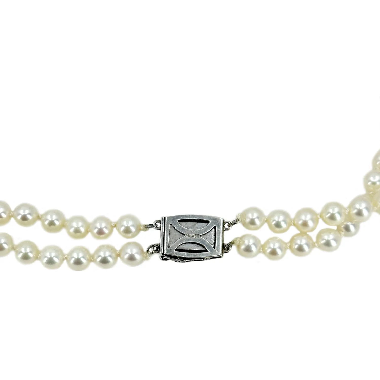 Art Deco Engraved Double Strand Japanese Cultured Akoya Pearl Choker Necklace -Sterling Silver 15.75 & 16.75 Inch