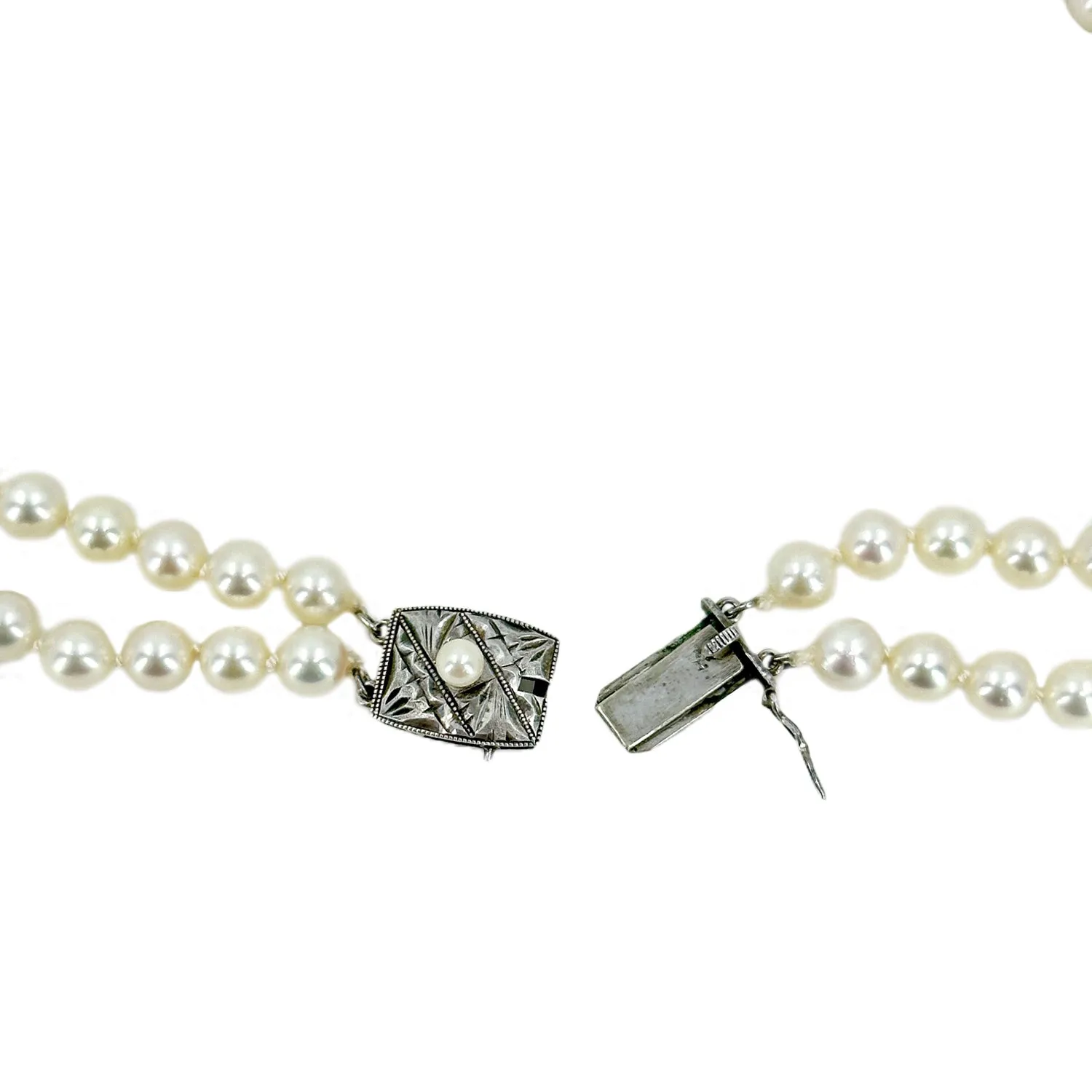 Art Deco Engraved Double Strand Japanese Cultured Akoya Pearl Choker Necklace -Sterling Silver 15.75 & 16.75 Inch