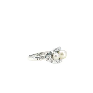 Art Deco Engraved Japanese Saltwater Akoya Cultured Pearl Ring- Sterling Silver Sz 6