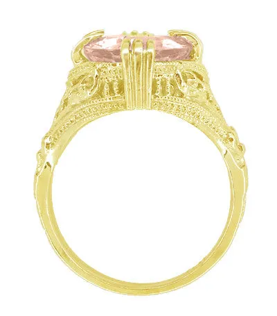 Art Deco Filigree 4.50 Carat Oval Morganite Statement Ring in 14 Karat Yellow Gold