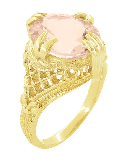 Art Deco Filigree 4.50 Carat Oval Morganite Statement Ring in 14 Karat Yellow Gold