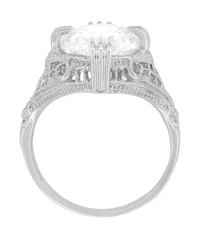 Art Deco Filigree Engraved Oval Cubic Zirconia ( CZ ) Statement Ring in Sterling Silver - 7 Carats