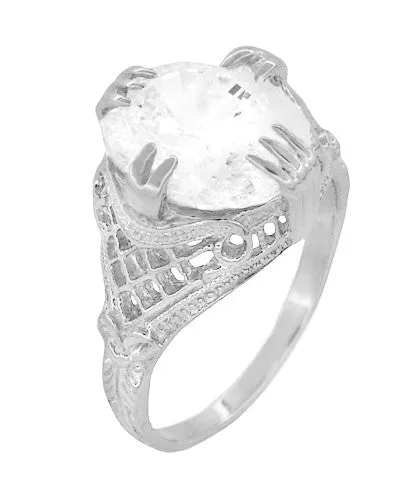 Art Deco Filigree Engraved Oval Cubic Zirconia ( CZ ) Statement Ring in Sterling Silver - 7 Carats