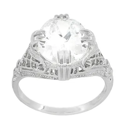 Art Deco Filigree Engraved Oval Cubic Zirconia ( CZ ) Statement Ring in Sterling Silver - 7 Carats