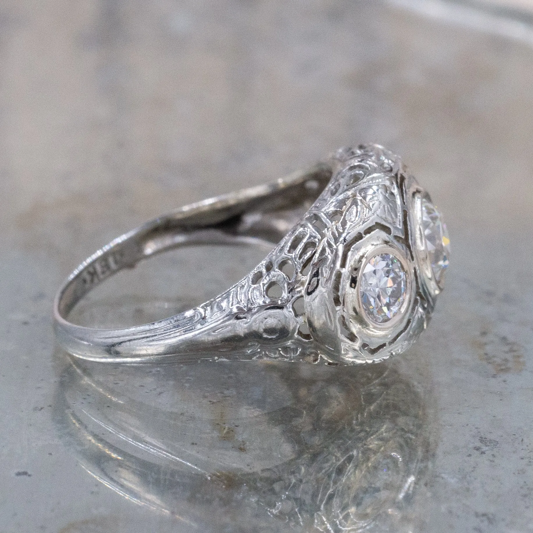 Art Deco Filigree Three Diamond Ring