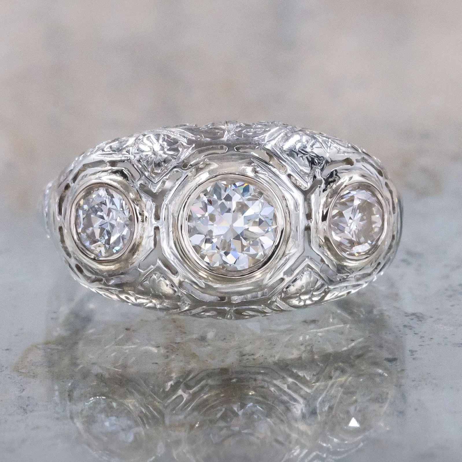 Art Deco Filigree Three Diamond Ring