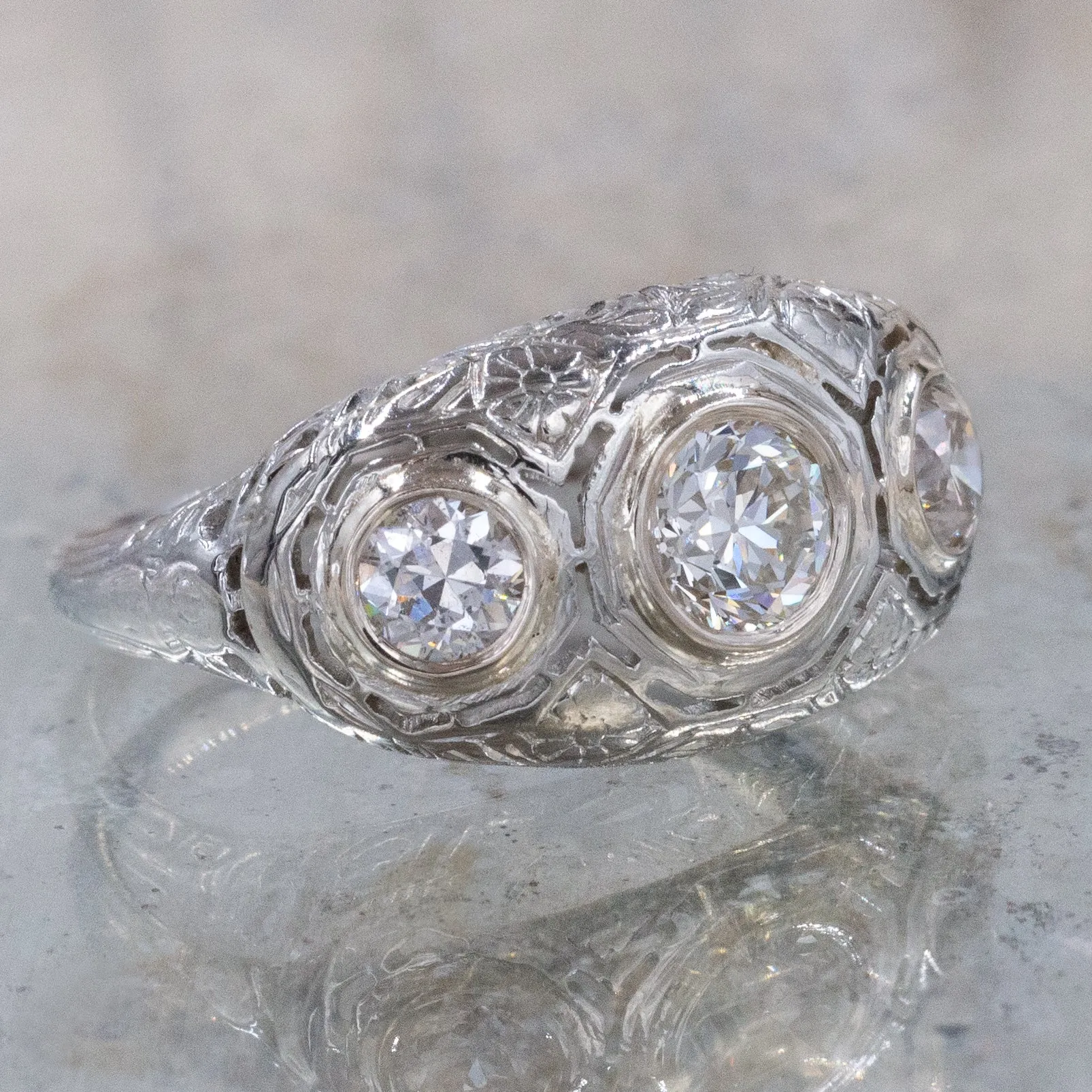 Art Deco Filigree Three Diamond Ring