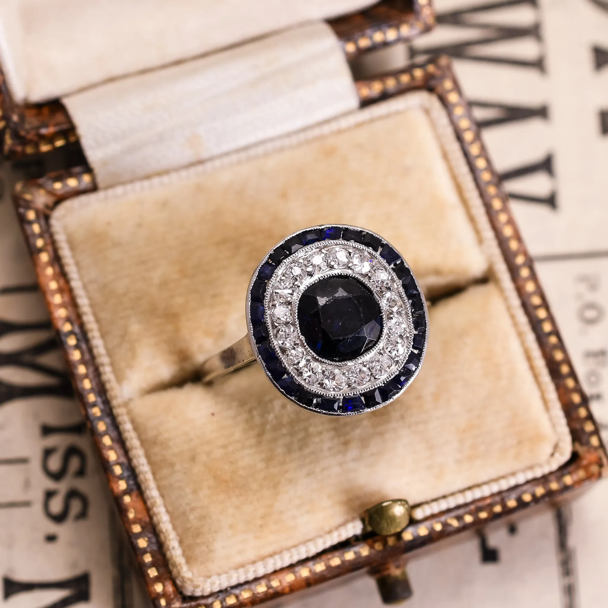 Art Deco French Sapphire & Diamond Target Ring