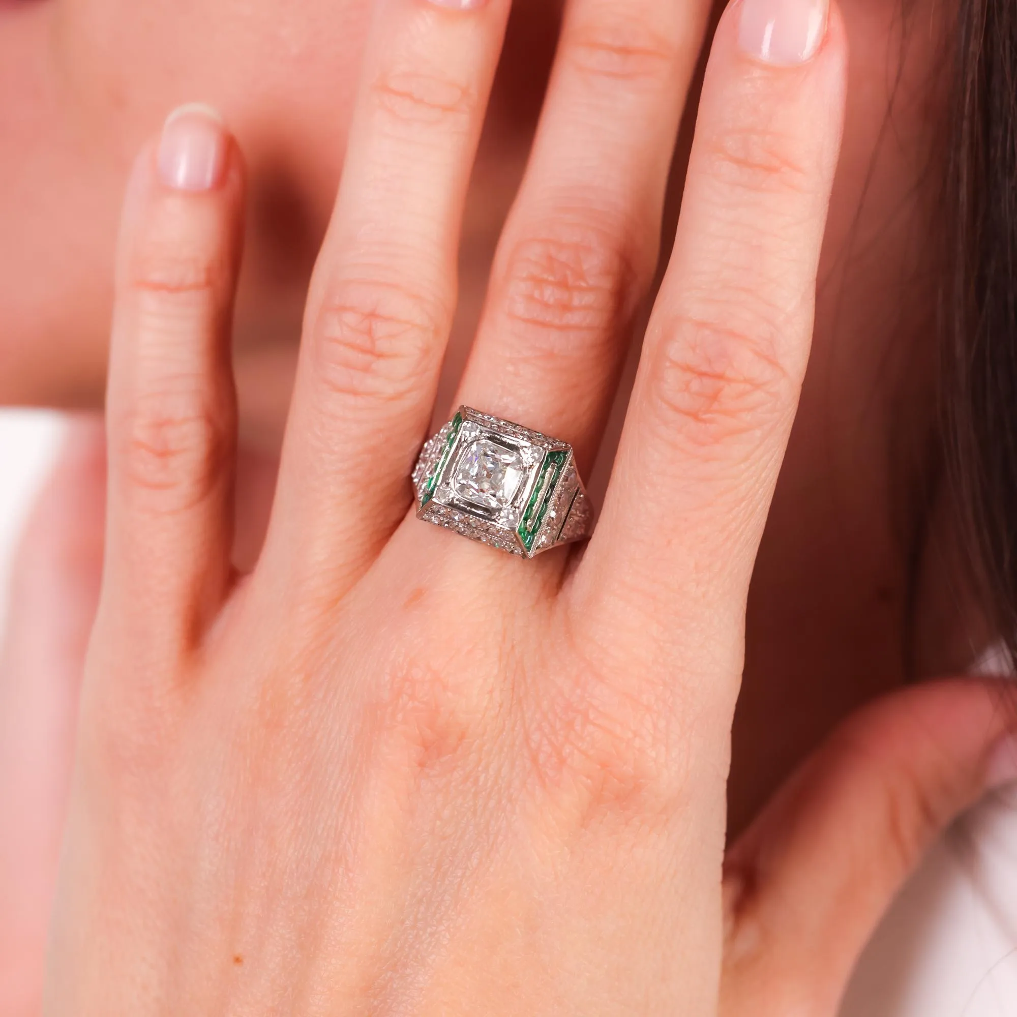 Art Deco GIA 1.51 carat old mine diamond emerald platinum ring