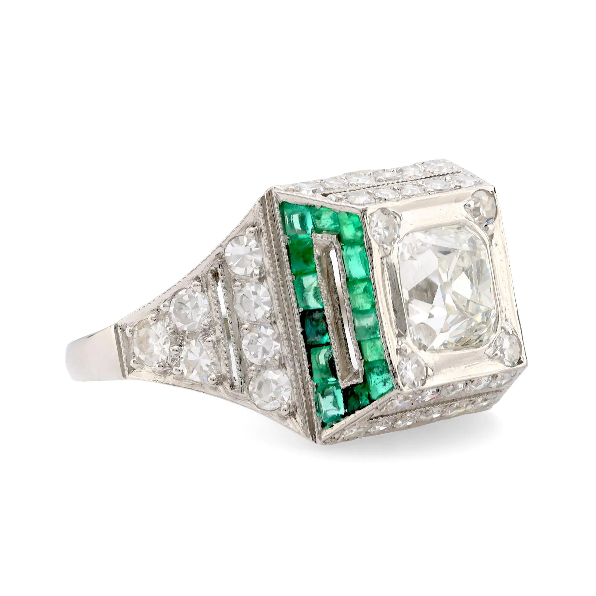 Art Deco GIA 1.51 carat old mine diamond emerald platinum ring