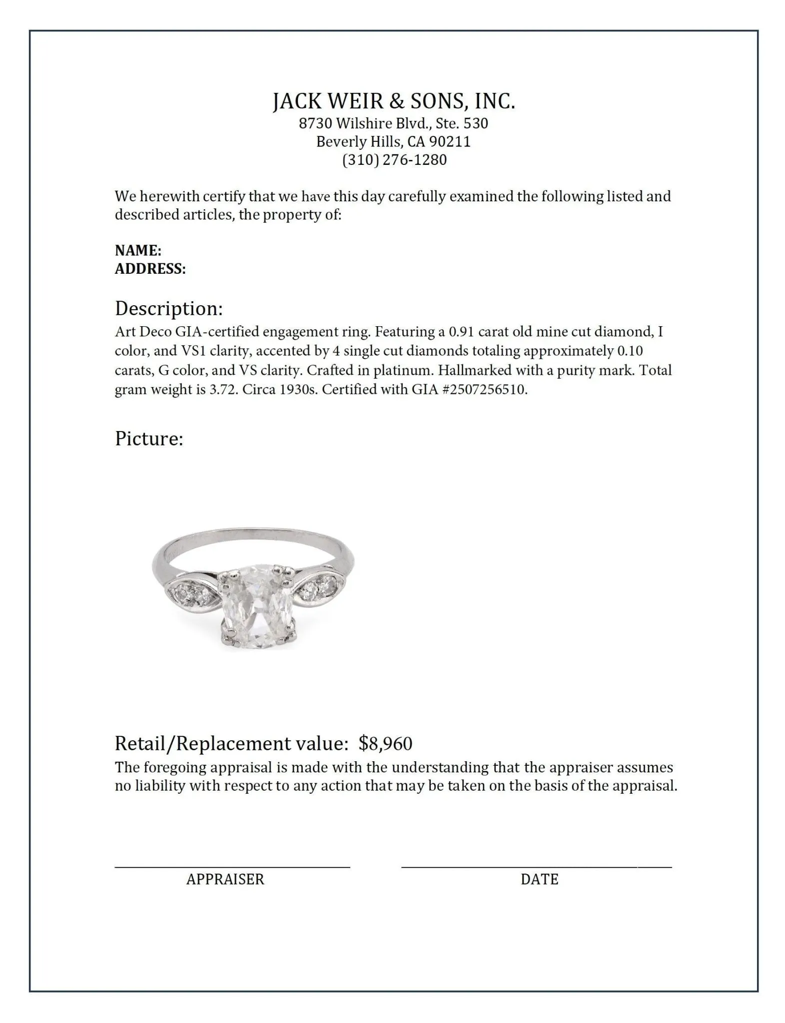 Art Deco GIA .91 carat old mine cut diamond platinum engagement ring