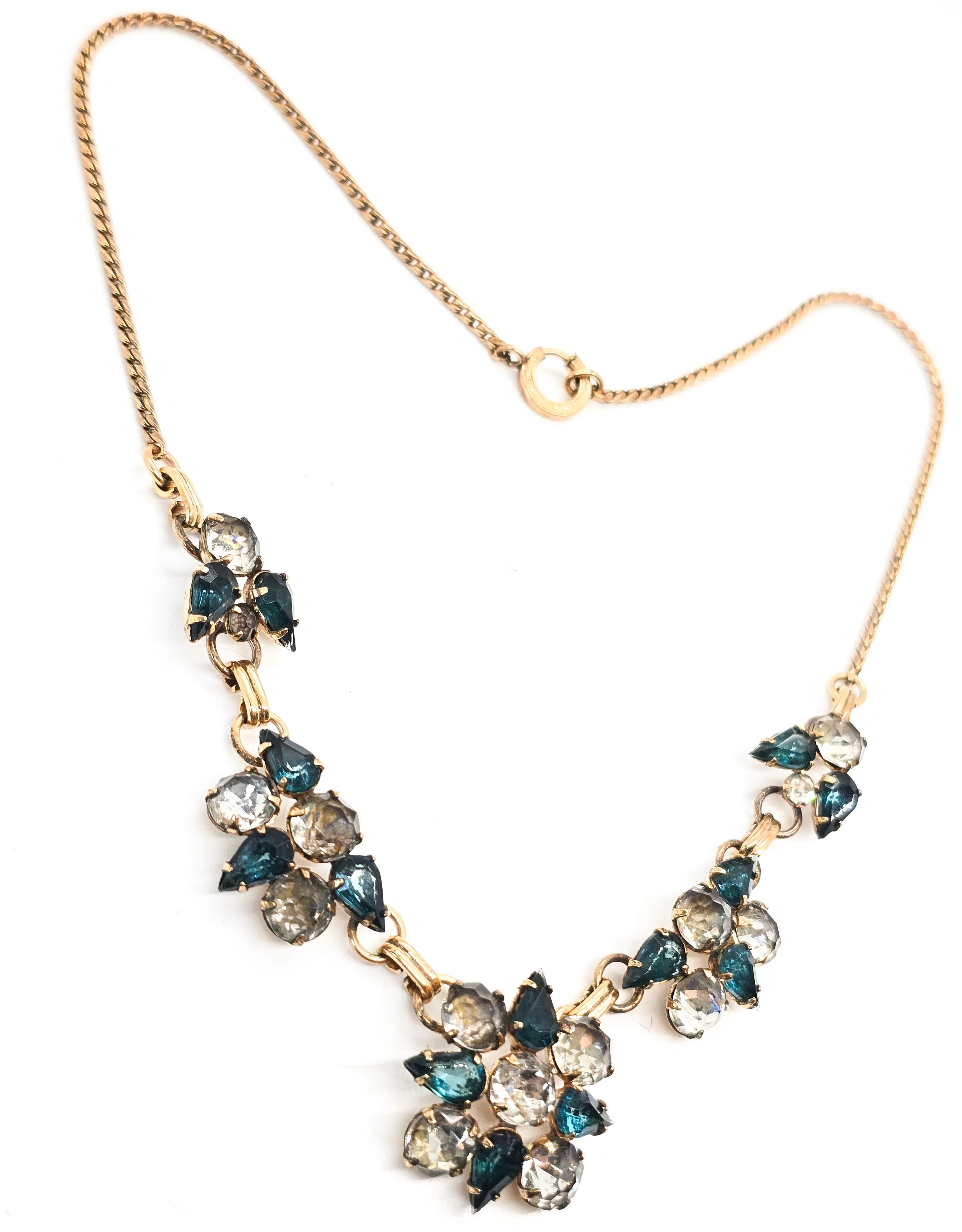 Art Deco Gold Filled aqua blue and white open work rhinestone vintage necklace