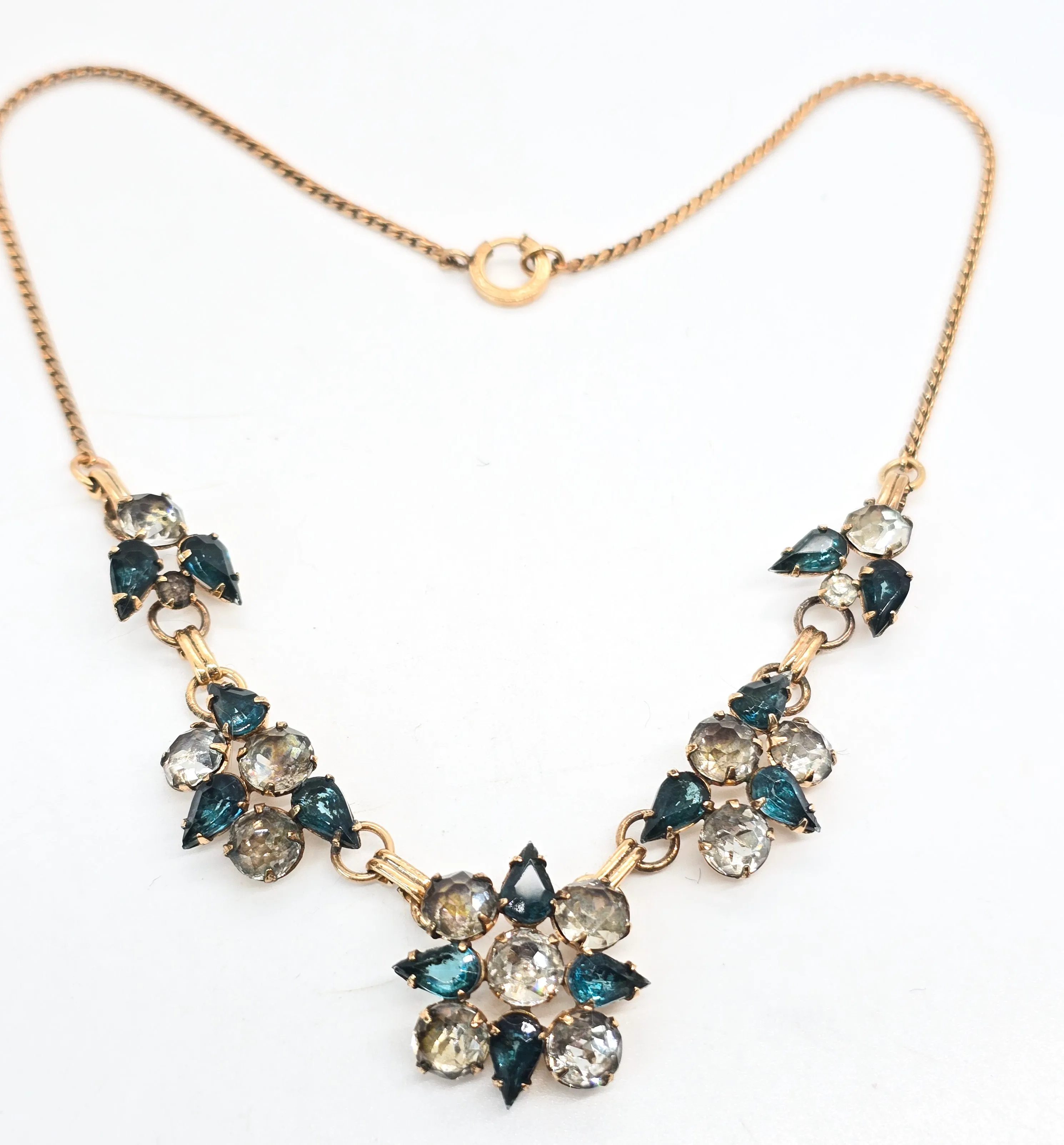 Art Deco Gold Filled aqua blue and white open work rhinestone vintage necklace