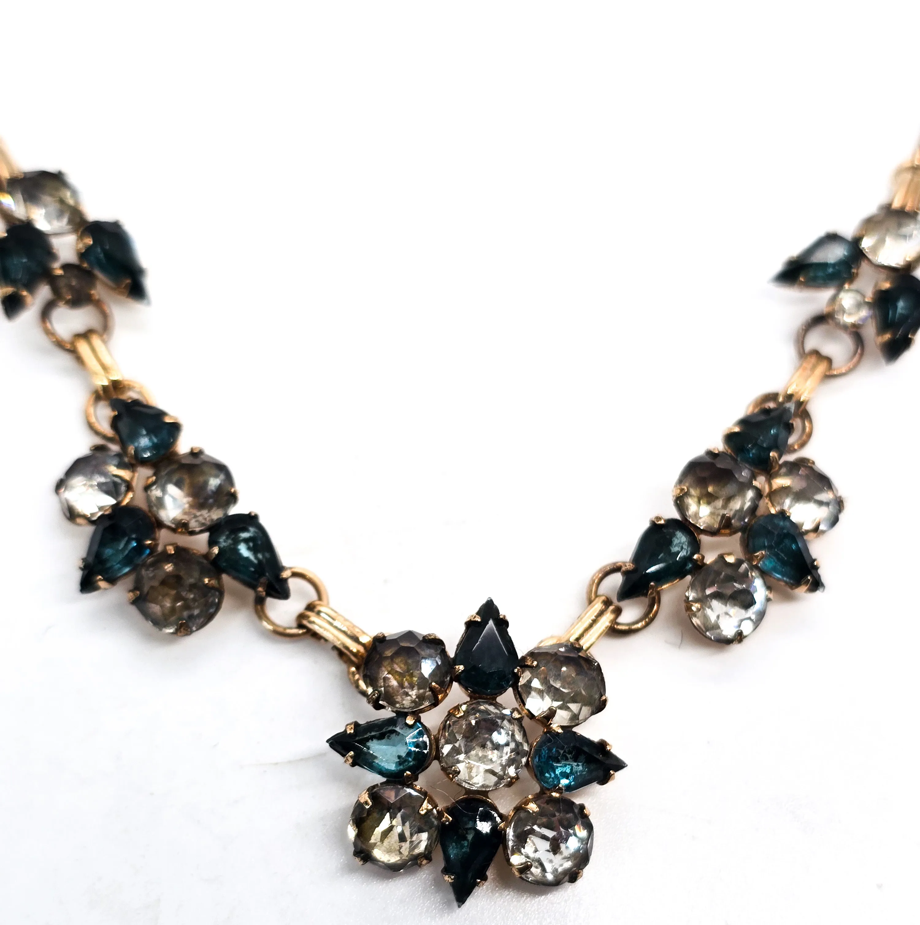 Art Deco Gold Filled aqua blue and white open work rhinestone vintage necklace