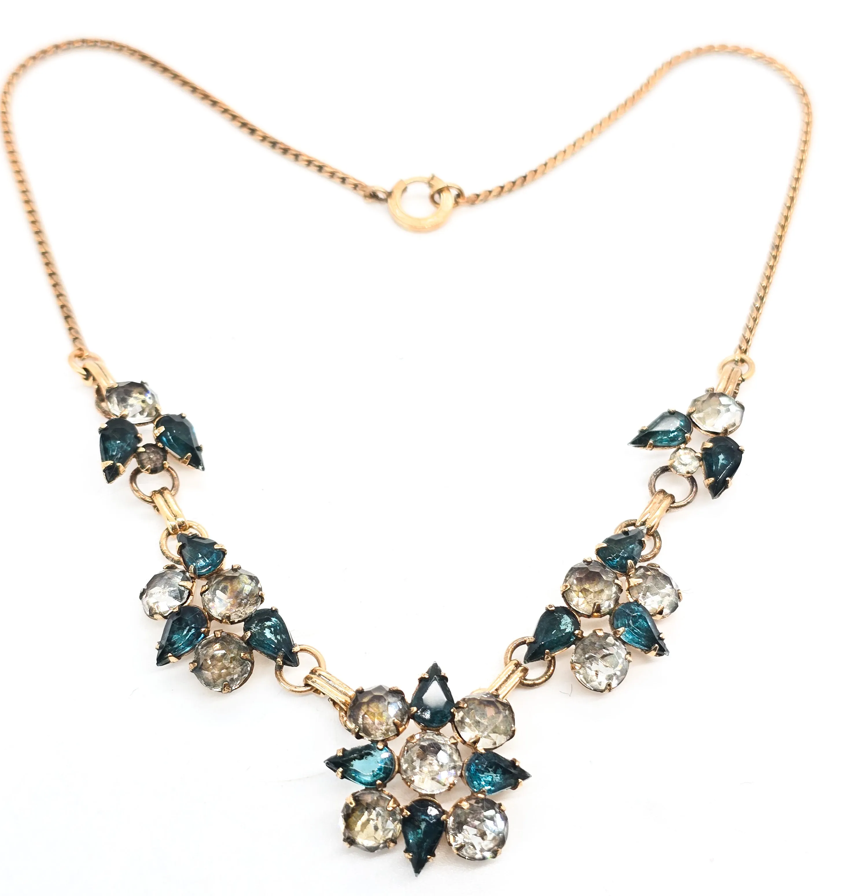 Art Deco Gold Filled aqua blue and white open work rhinestone vintage necklace