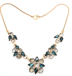 Art Deco Gold Filled aqua blue and white open work rhinestone vintage necklace