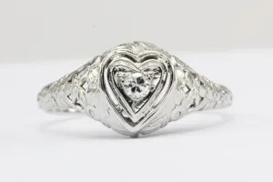 Art Deco Heart Set 18k White Gold Old European Cut Diamond Engagement Ring