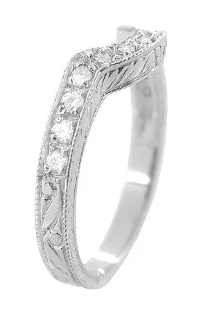 Art Deco Heirloom Carved Scrolls and Wheat Curved Diamond Wedding Band in 18 Karat White Gold