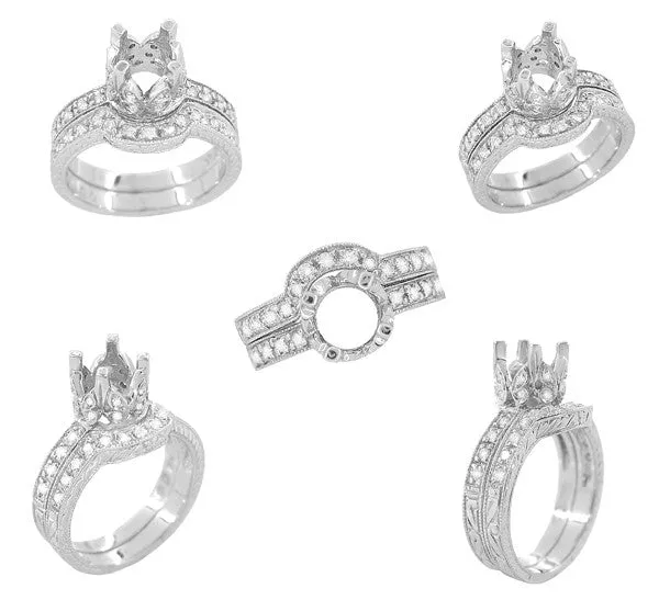 Art Deco Heirloom Carved Scrolls and Wheat Curved Diamond Wedding Band in 18 Karat White Gold