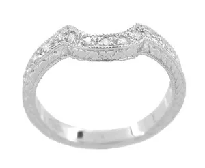 Art Deco Heirloom Carved Scrolls and Wheat Curved Diamond Wedding Band in 18 Karat White Gold