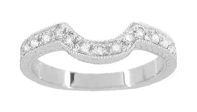 Art Deco Heirloom Carved Scrolls and Wheat Curved Diamond Wedding Band in 18 Karat White Gold