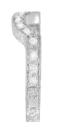 Art Deco Heirloom Carved Scrolls and Wheat Curved Diamond Wedding Band in 18 Karat White Gold