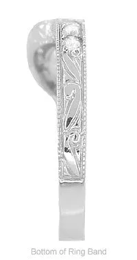 Art Deco Heirloom Carved Scrolls and Wheat Curved Diamond Wedding Band in 18 Karat White Gold