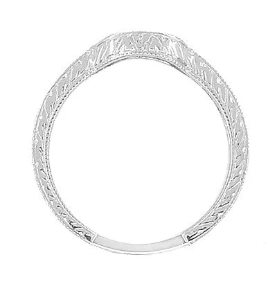 Art Deco Heirloom Carved Scrolls and Wheat Curved Diamond Wedding Band in 18 Karat White Gold
