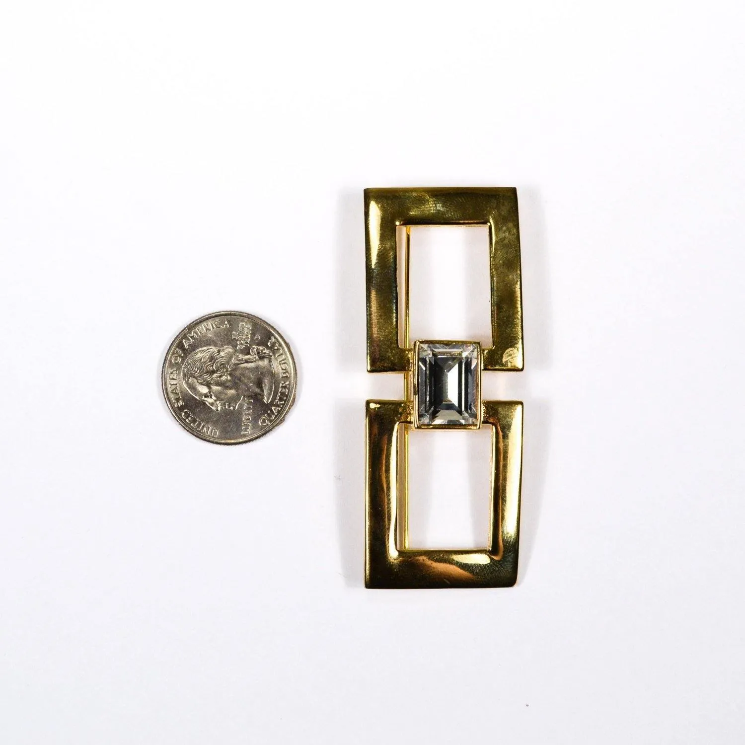 Art Deco Inspired Gold and Rhinestone Brooch, Geometric, 1980s, Designer Jewelry